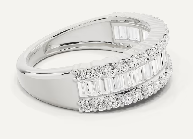 Side view of The Margaret sterling silver band featuring three rows of baguette and round lab-grown diamonds