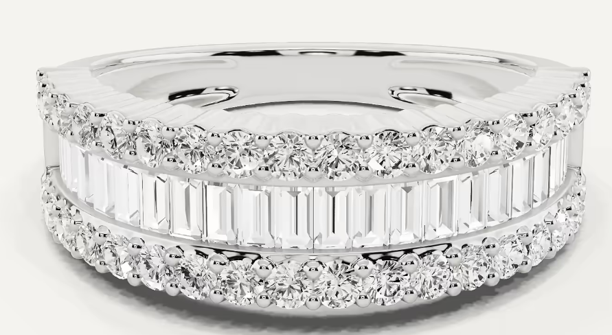 Front view of The Margaret three-row sterling silver band with baguette and round lab-grown diamonds